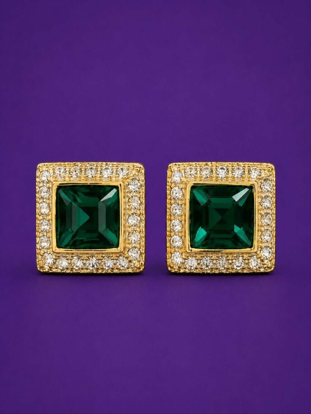 VTG Art Deco Glass Square Emerald Old Hollywood Holiday Earrings